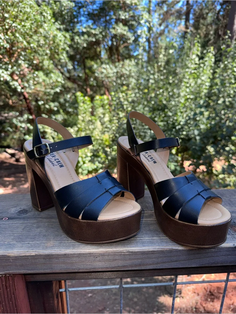 Chelsea Crew Black Leather Platform Sandals with Block Heel